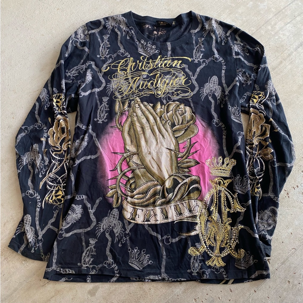 •Rare• Christian Audigier | Black Praying Hands Long Sleeve Shirt Medium